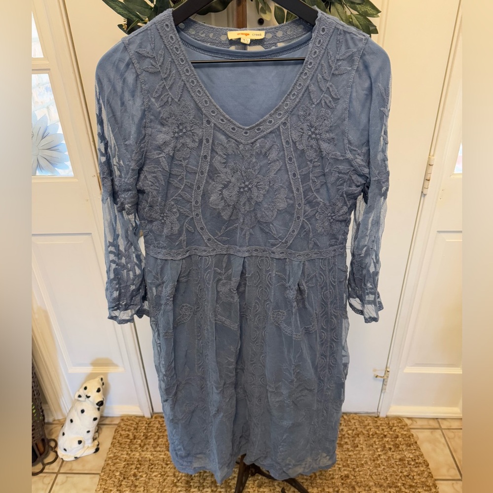 Orange Creek Modest Blue Full Lace Overlay Midi Dress S M
